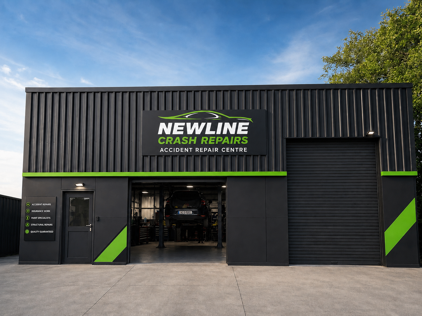 Newline Crash Repairs accident repair centre shopfront in Listowel, Co. Kerry