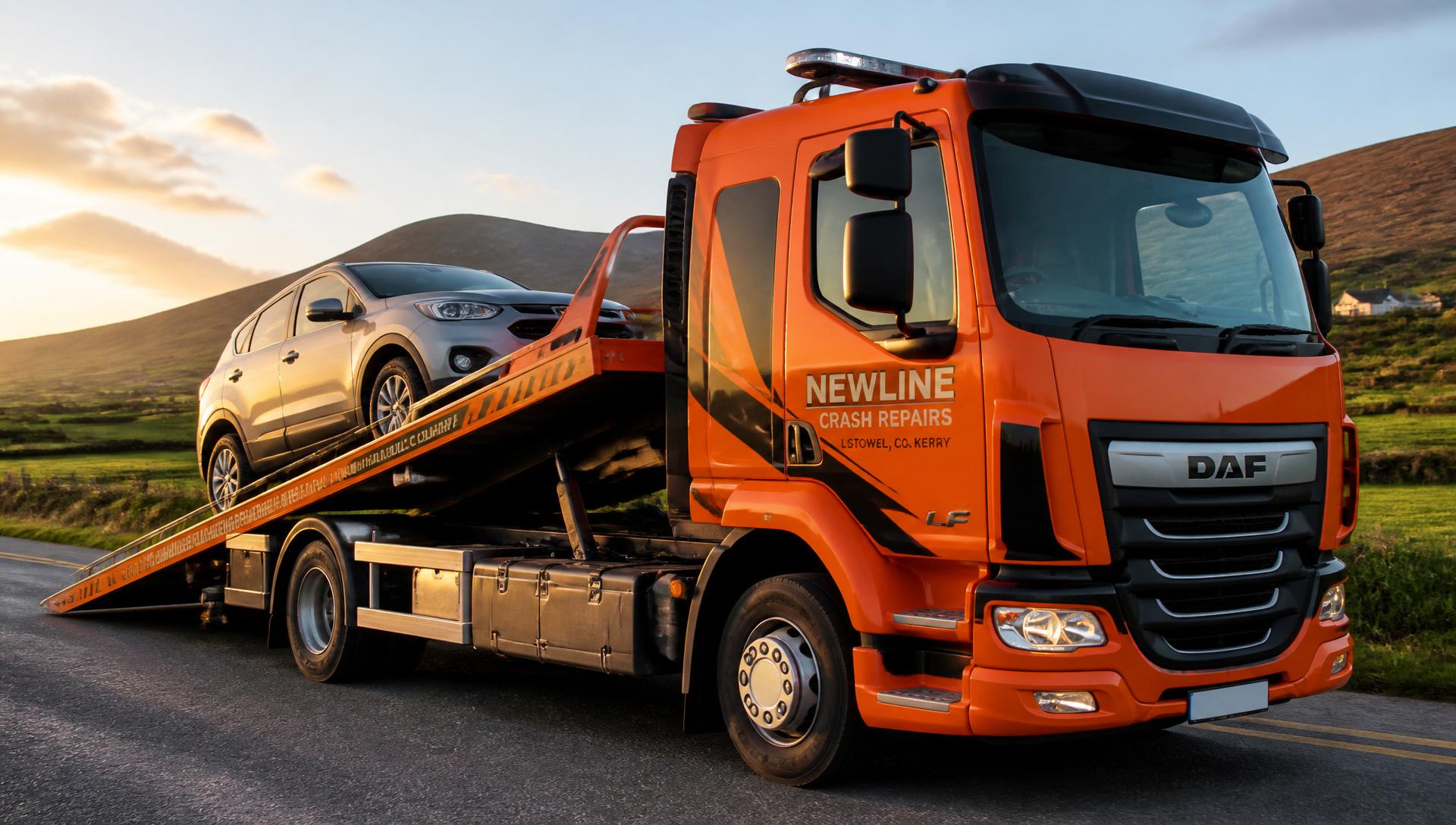 Newline Crash Repairs recovery truck with a car on the flatbed in Co. Kerry
